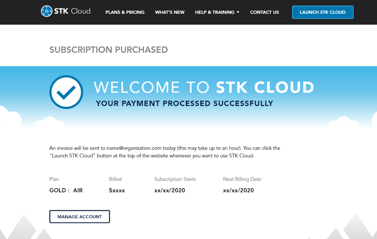 STK Cloud Purchase Confirmation
